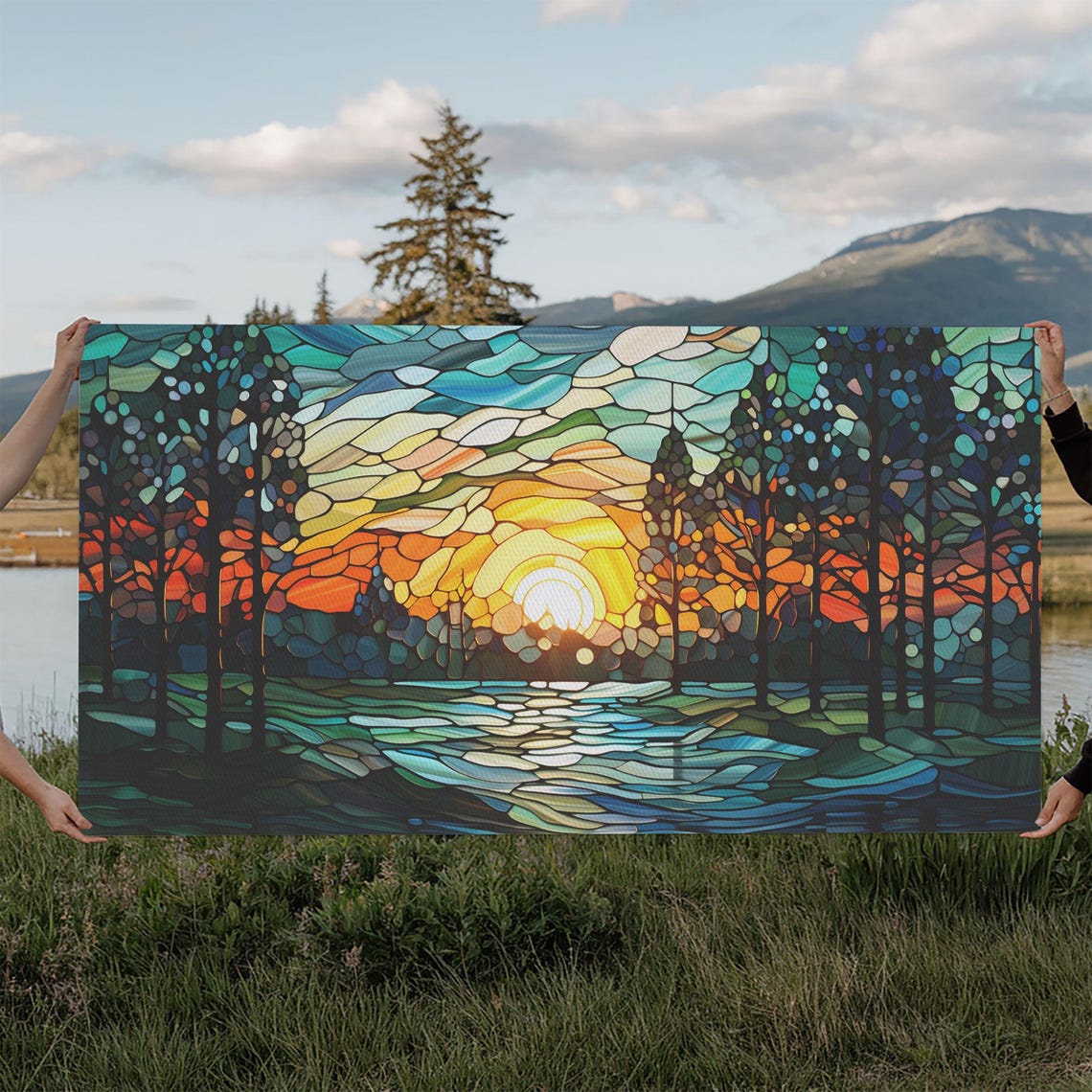 Stained Glass Mosaic Forest Sunset River Panoramic Landscape Poster