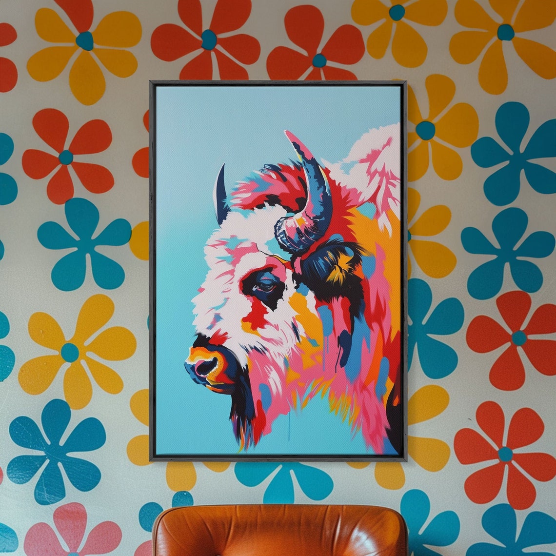 Bison Portrait In Bold Pink Orange And Blue Pop Art Style Poster - Image 3