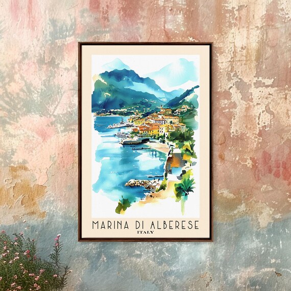 Marina di Alberese Italy Harbor Town Mountain Coast Watercolor Poster