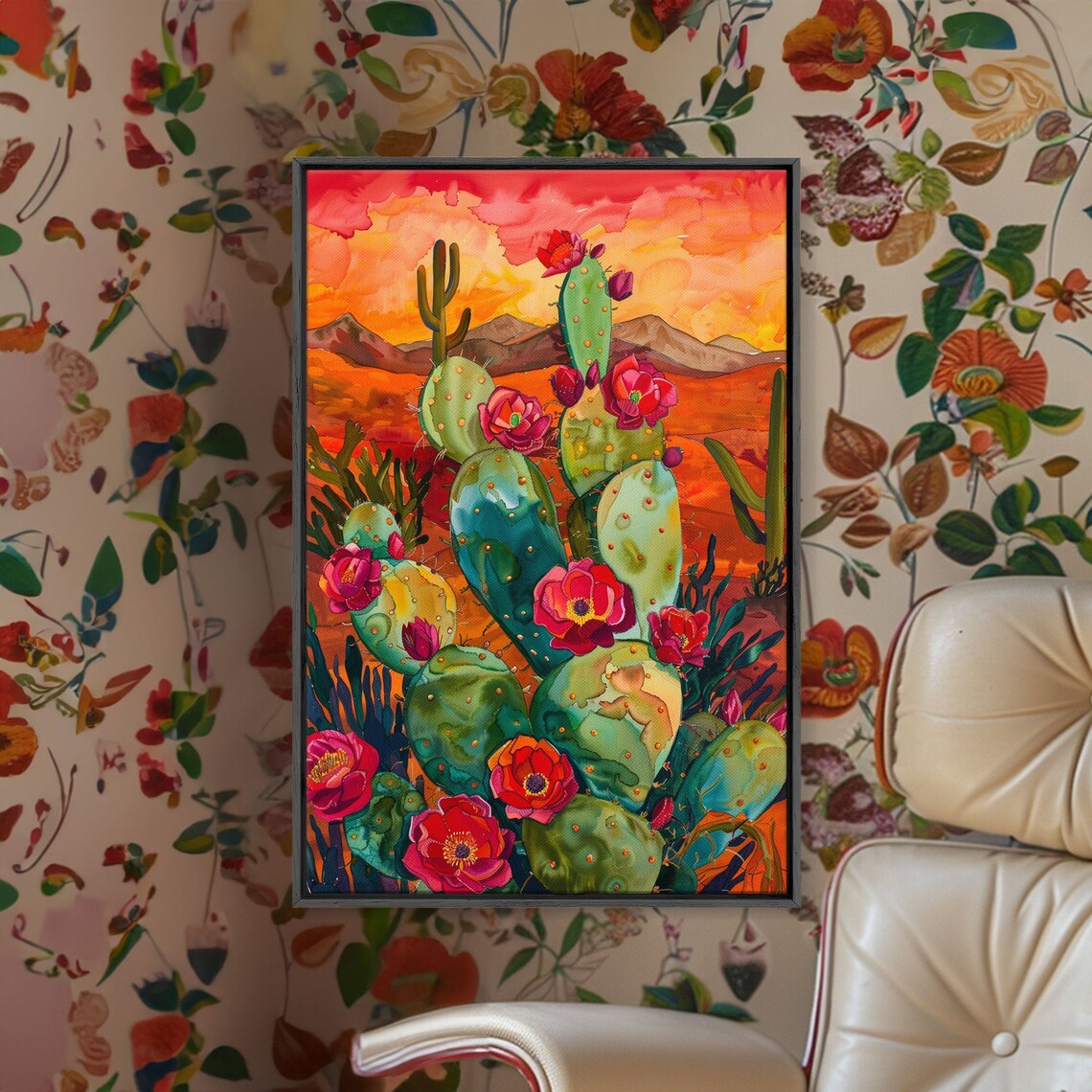 Blooming Cacti in Desert Sunset Landscape Art Print - Image 4