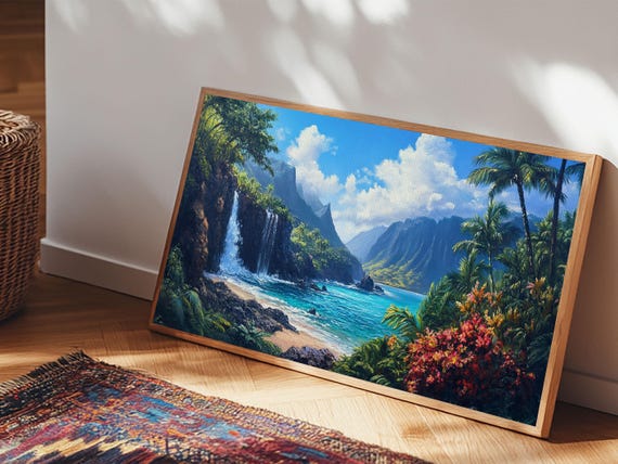 Waterfall Paradise Print Hawaii Art Coastal Wall Art Above Sofa Decor Rustic Landscape Painting Living Room Art Gift Idea