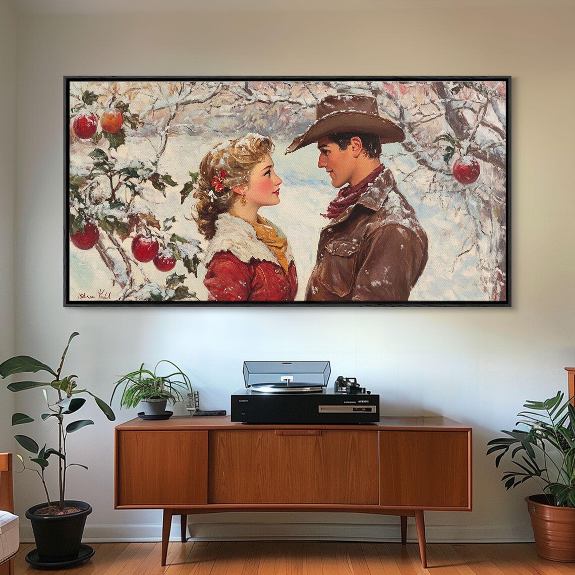 Cowboy Cowgirl Meet Under Mistletoe In Snowy Winter Orchard Poster - Image 6