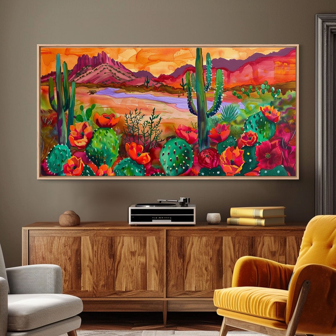 Blooming Prickly Pear Cactus Desert Purple Mountain Sunset Art Poster - Image 5