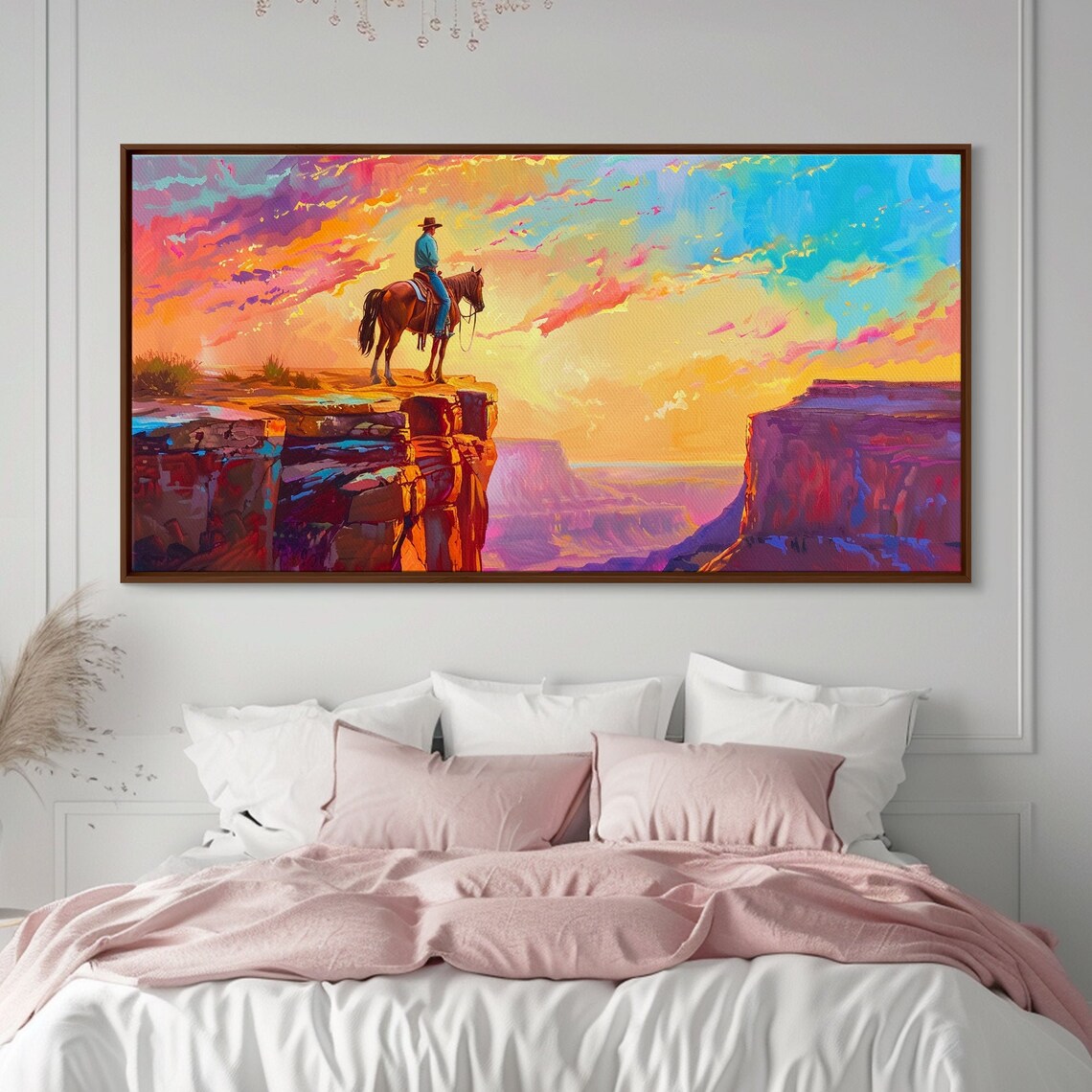 Lone Cowboy At Canyon Edge During Sunset Farmhouse Style Framed Print For Bedroom Wall Art Rustic Home Decor Western Landscape - Image 2