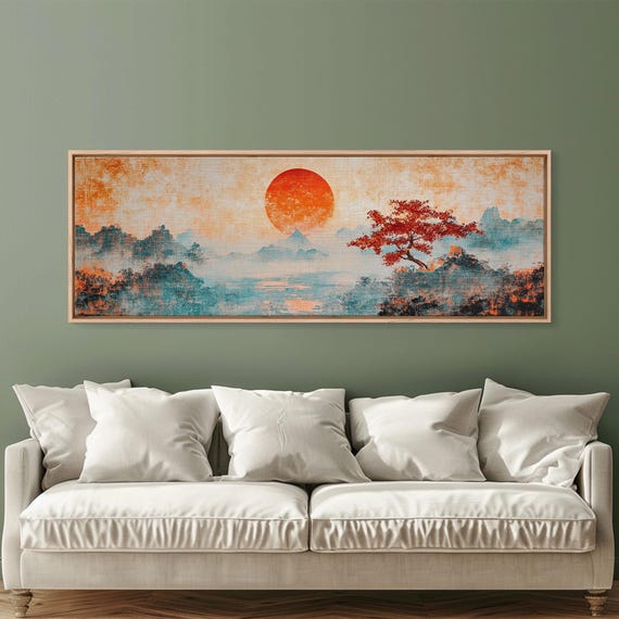 Sunset Over Mount Fuji Vintage Style Japanese Woodblock Print On Wood Framed Art Boho Wabi Sabi Wall Art Inspirational Decor