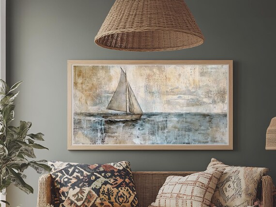 Minimalist Sailboat Calm Sea Neutral Beige Blue Abstract Art Print