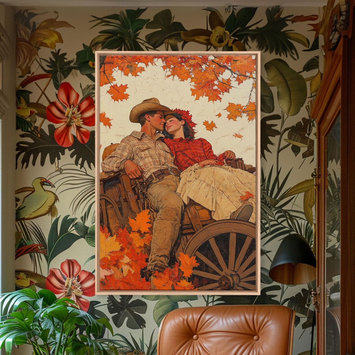 Cowboy Couple Kissing In Wooden Wagon Autumn Maple Leaves Art Poster - Image 4
