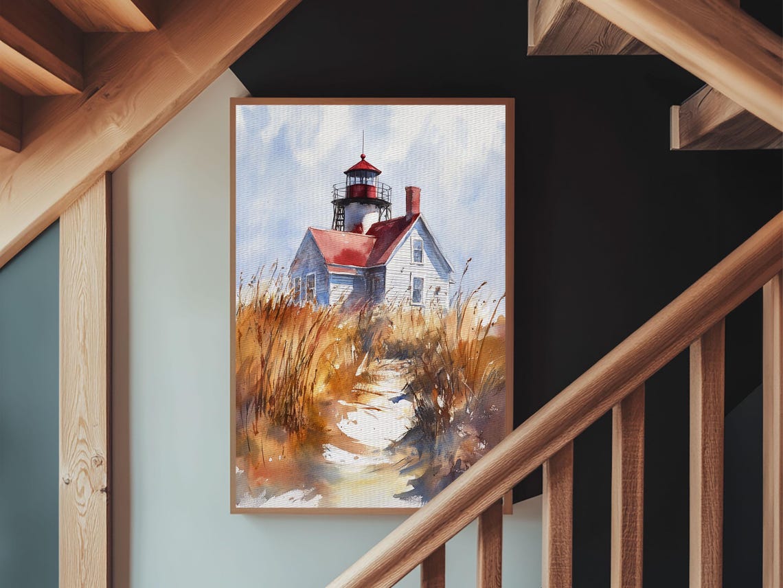 Maine Lighthouse Red Roof Dune Grass Watercolor Nautical Poster - Image 3