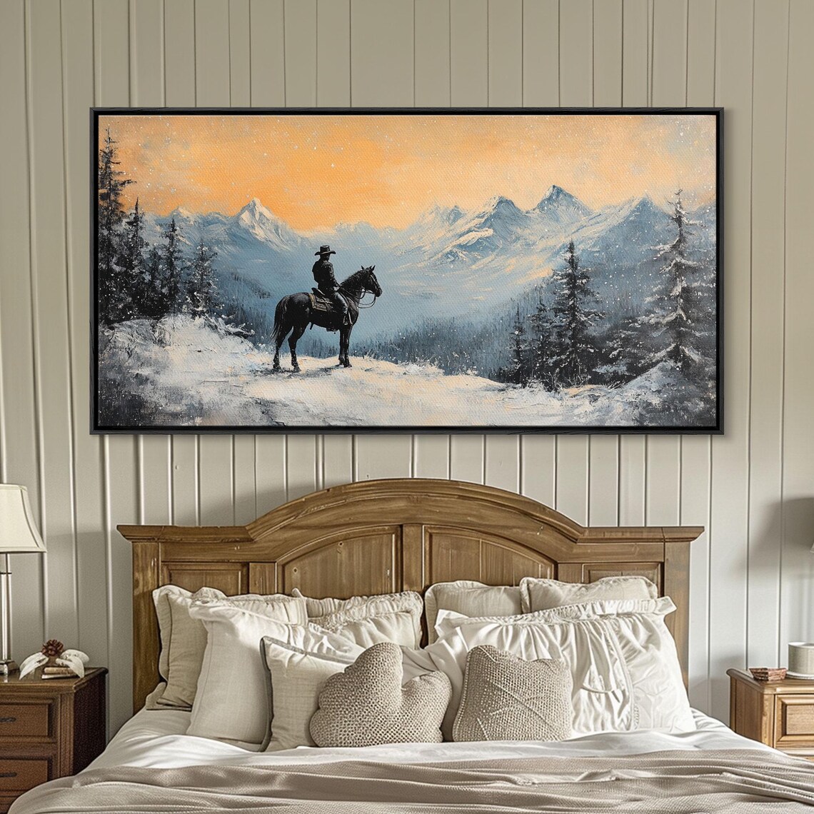 Lone Winter Cowboy On Horseback Snowy Mountain Sunset View Poster