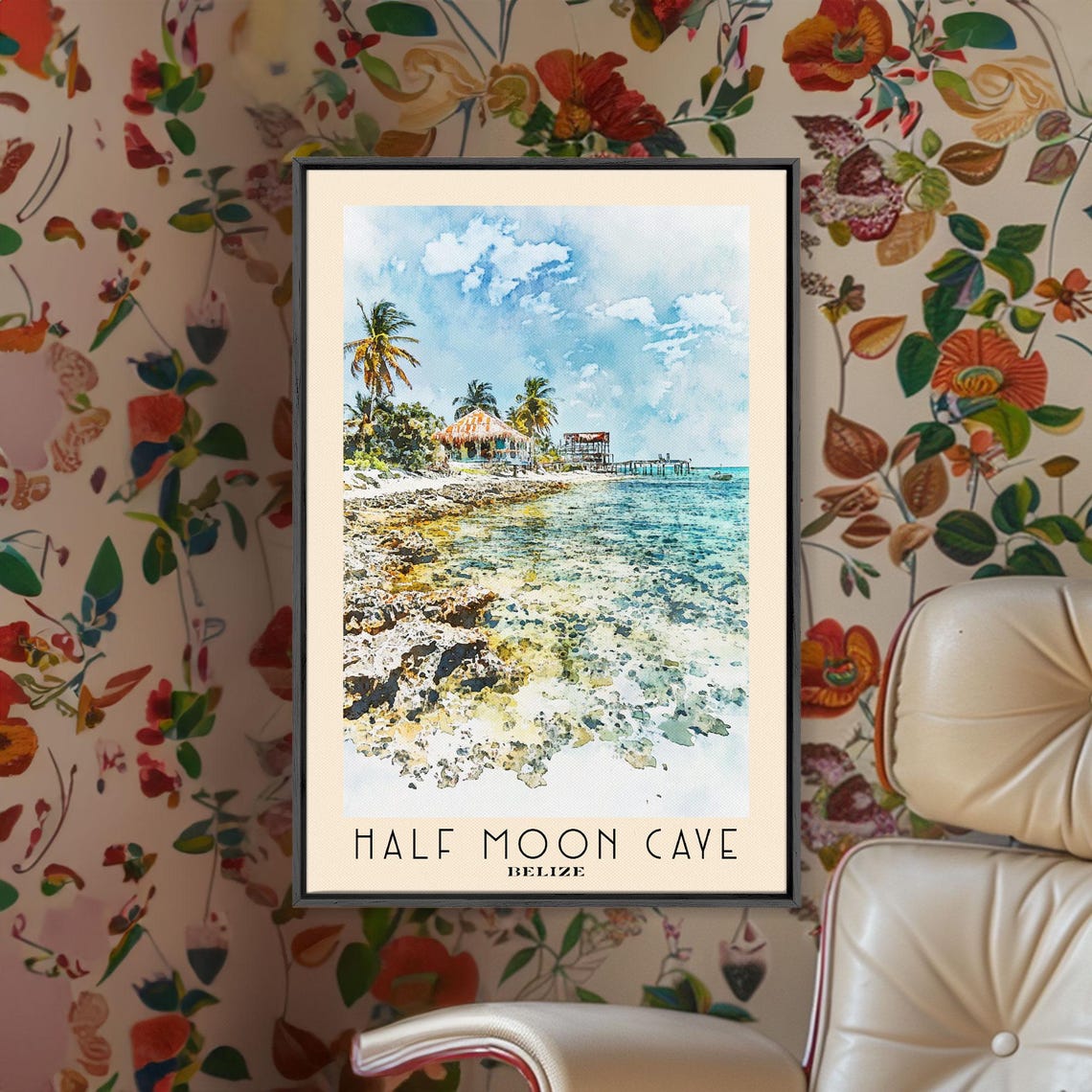 Half Moon Caye Belize Crystal Coral Shallows Pier Watercolor Poster - Image 2