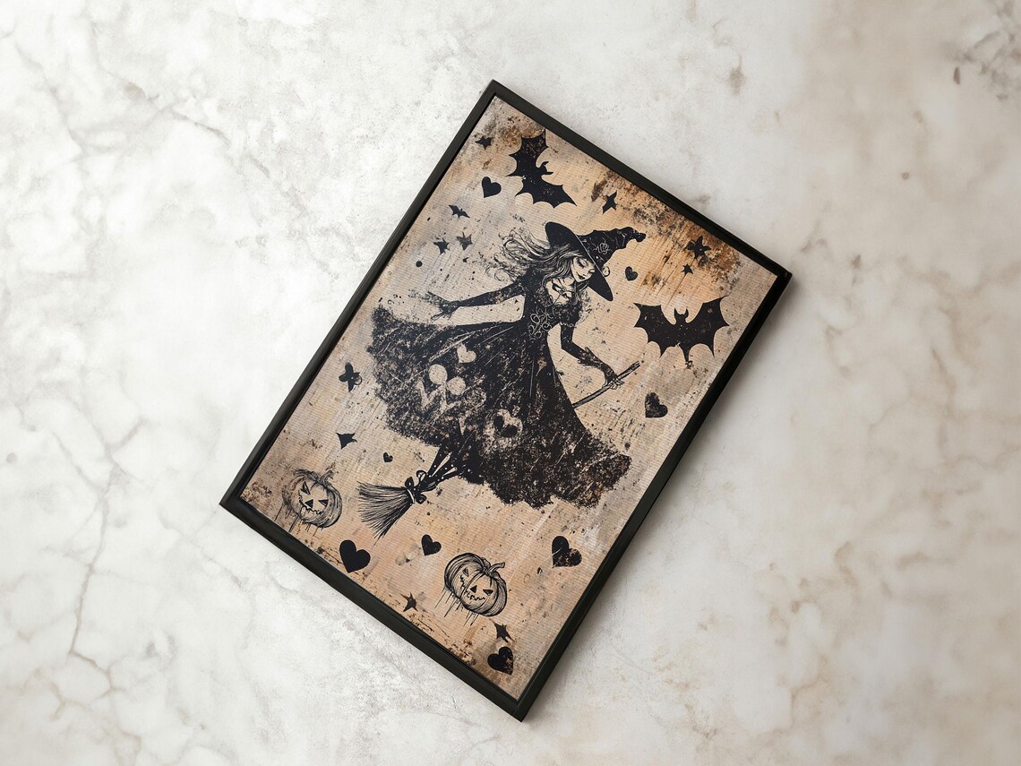 Witch Flying Broomstick Bats Vintage Silhouette Halloween Gothic Wall Art Poster - Image 6