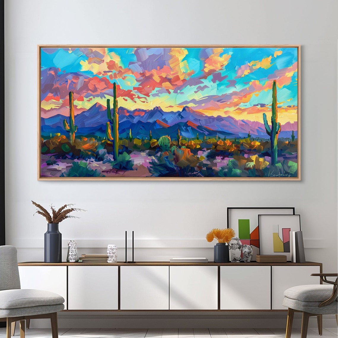 Colorful Desert Sunset Saguaro Cacti Purple Mountain Abstract Poster - Image 2