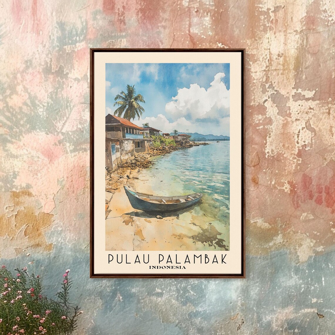 Pulau Palambak Indonesia Wooden Boat Shallows Stilt Houses Palm Shore Watercolor Poster