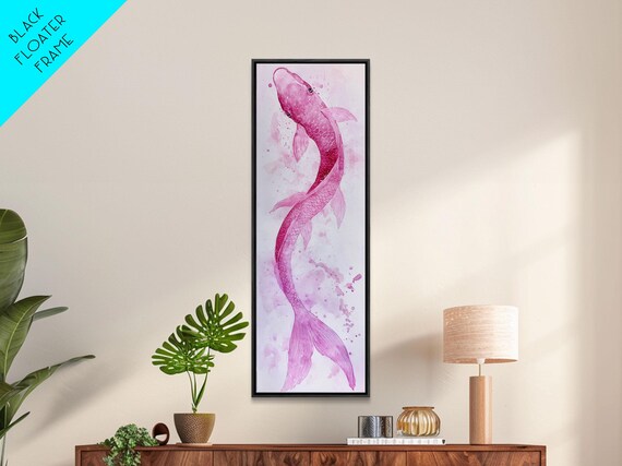 Koi Fish Print Pink Whimsical Art Minimalist Japanese Fish Painting Skinny Wall Art Peaceful Above Sofa Artwork