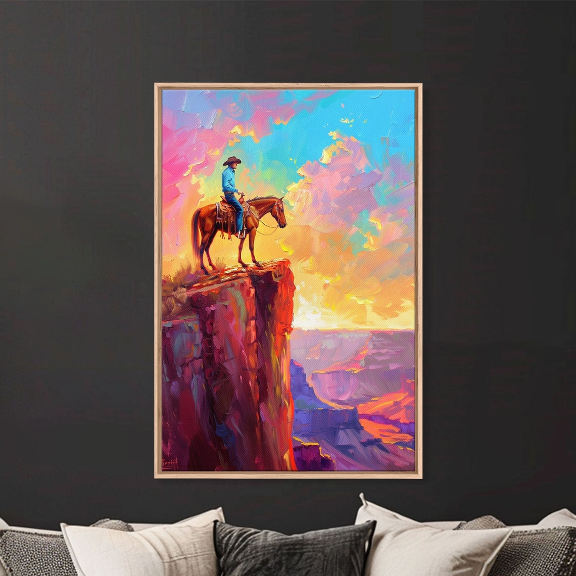 Cowboy On Horse At Sunrise Colorful Western Landscape Painting Sunrise Wall Art Living Room Decor Cowboy Print - Image 2