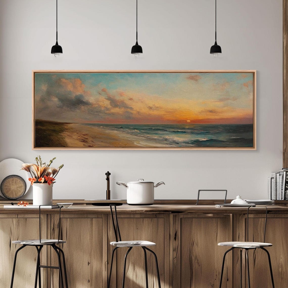 Muted Beach Sunset Calm Ocean Waves Vintage Oil Travel Poster