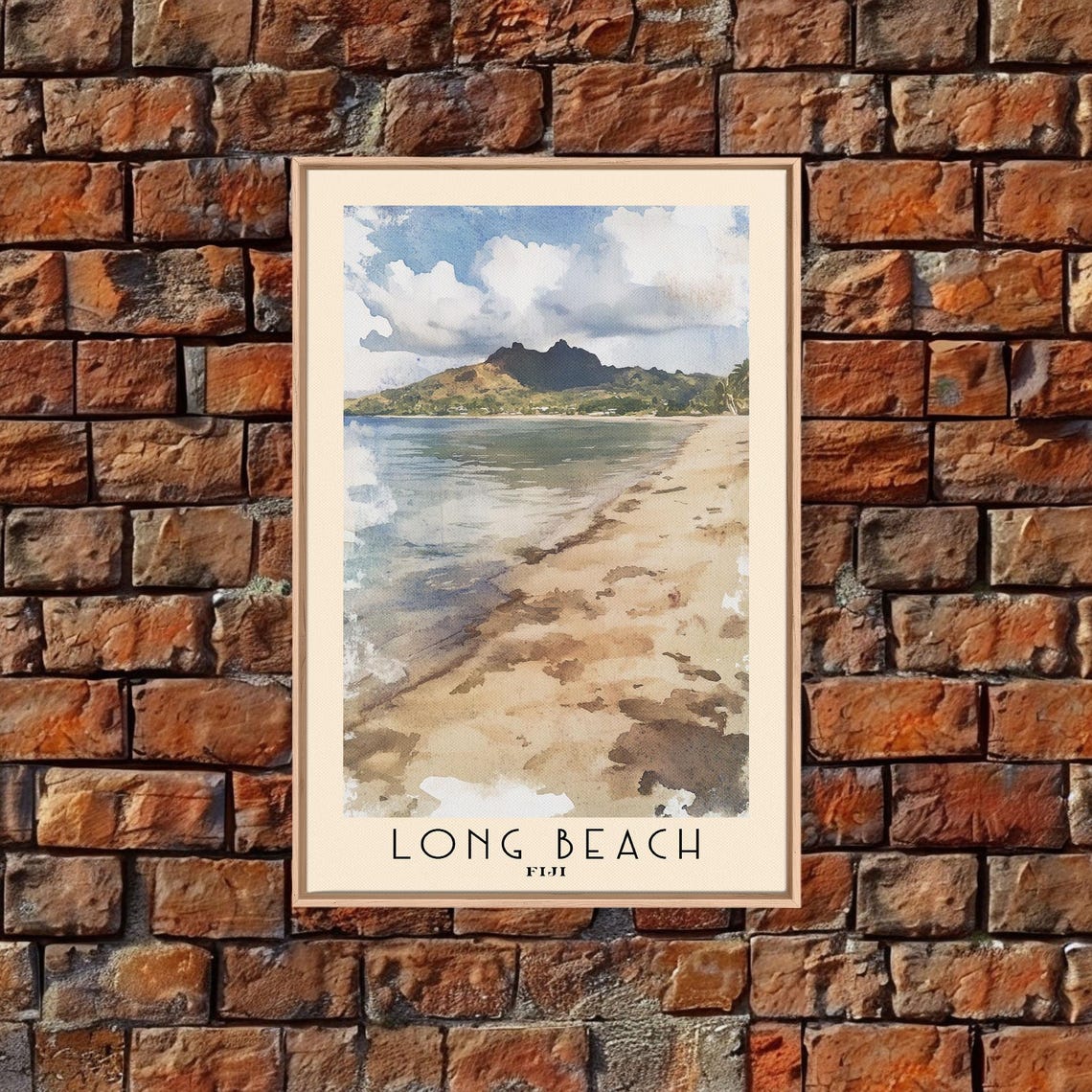 Long Beach Fiji Sandy Shore Calm Sea Mountain View Watercolor Poster - Image 5