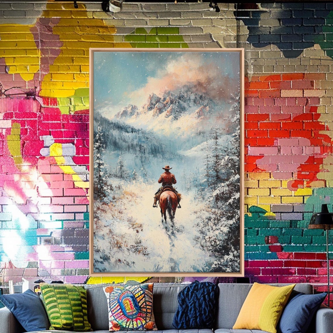 Cowboy Riding Through Misty Snowy Valley Pine Forest Winter Poster - Image 5