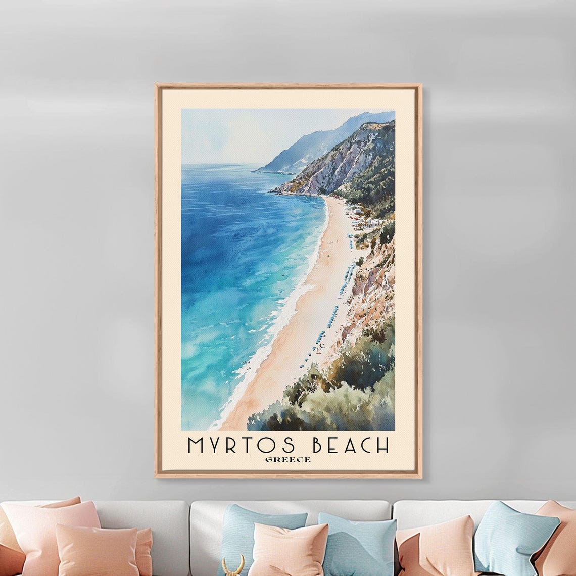 Myrtos Beach Greece Cliffside Aerial Turquoise Bay Watercolor Poster - Image 3