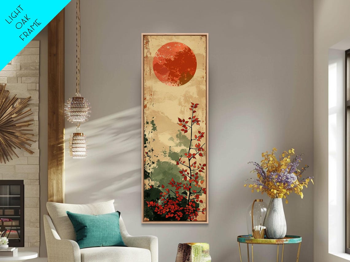 Abstract Coral Sun Over Red Leaf Branch On Vintage Cream Art Poster - Image 3