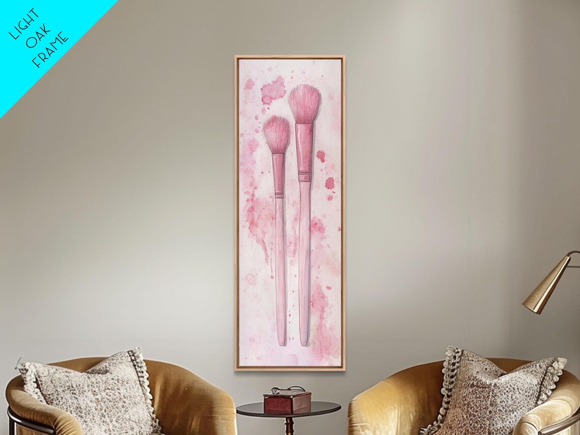 Pink Makeup Brushes Watercolor Vertical Tall Skinny Glam Vanity Wall Art - Image 2
