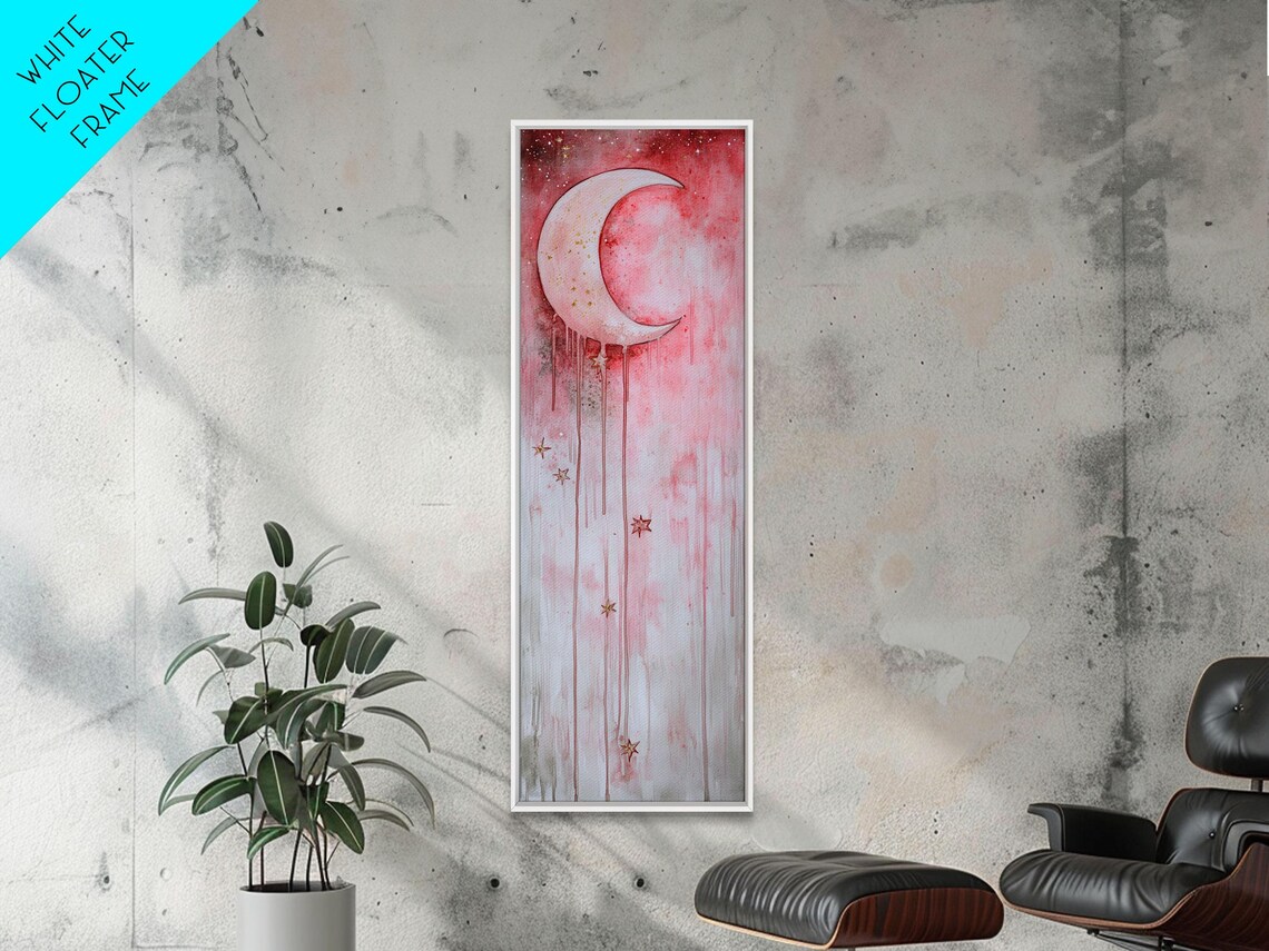 Crescent Moon Over Pink Starry Sky Watercolor Night Celestial Wall Art - Image 2