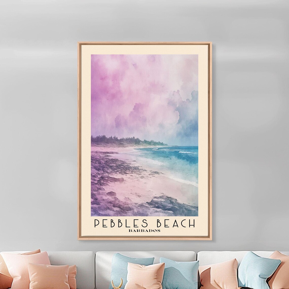 Pebbles Beach Barbados Rocky Shore Pink Clouds Turquoise Water Travel Poster - Image 3