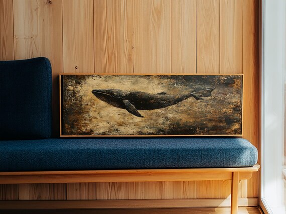 Panoramic Exra Wide Horizontal Whale Painting Print Art Nautical Home Decor Wabi Sabi Whale Art Whale Decor