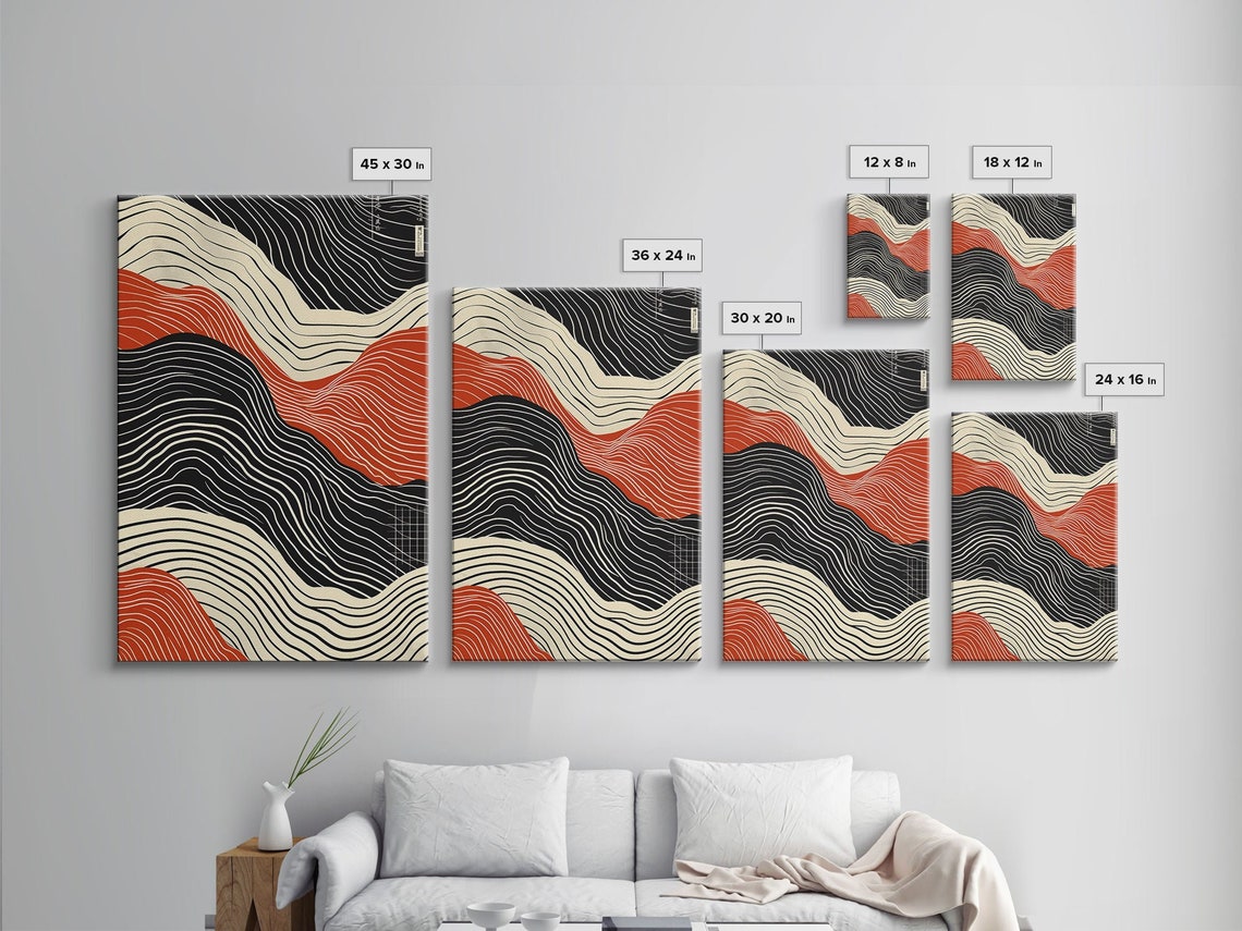 Japandi Ripple Wall Art Print Abstract Wave Lines in Rust Black Cream - Image 2