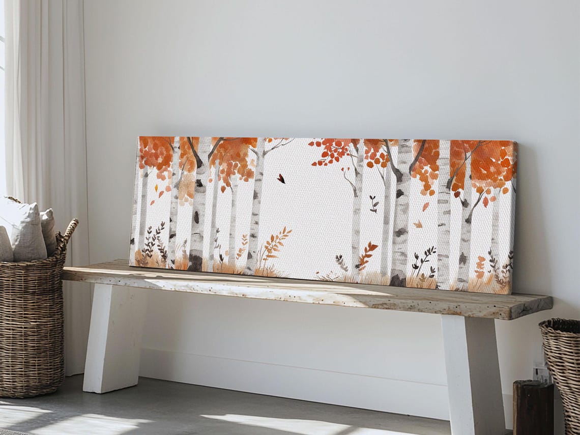 Birch Trees Orange Autumn Leaves Watercolor Panoramic Fall Wall Poster - Image 5