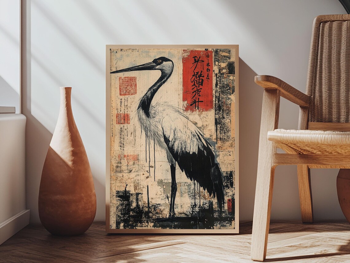 Japanese Red Crowned Crane Ink Painting Vintage Asian Bird Poster - Image 6