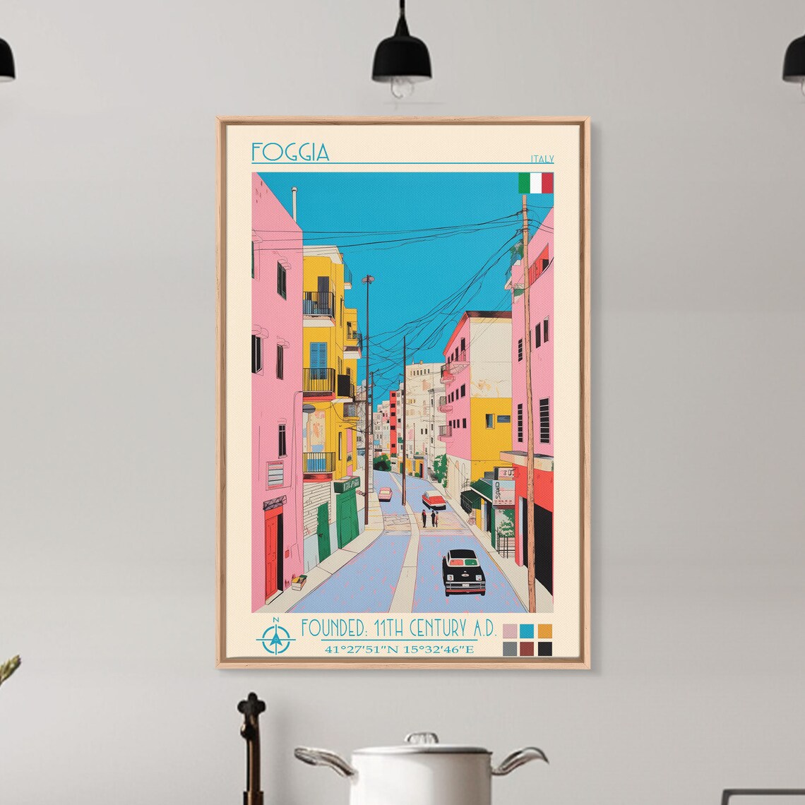 Foggia Italy Colorful Street Pink Yellow Buildings Cars View Poster - Image 4