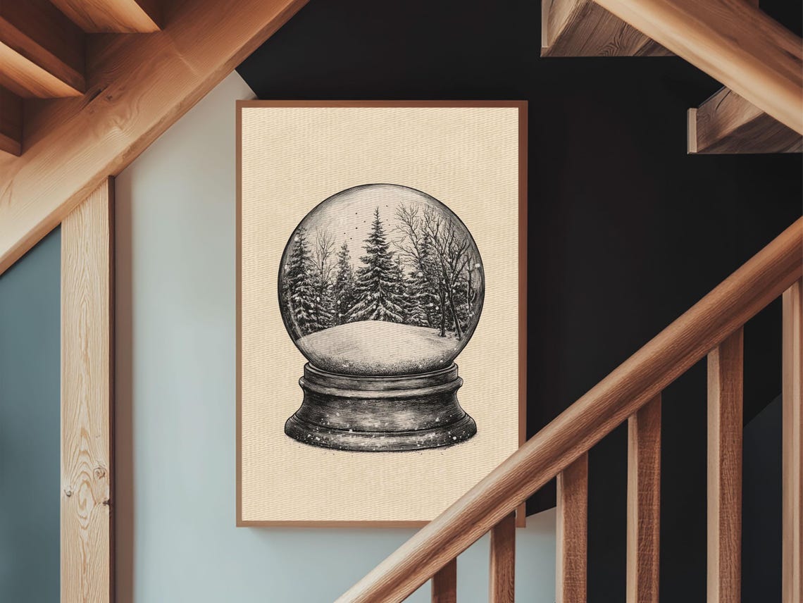 Snow Globe With Winter Pine Forest Sketch Minimalist Christmas Poster - Image 6