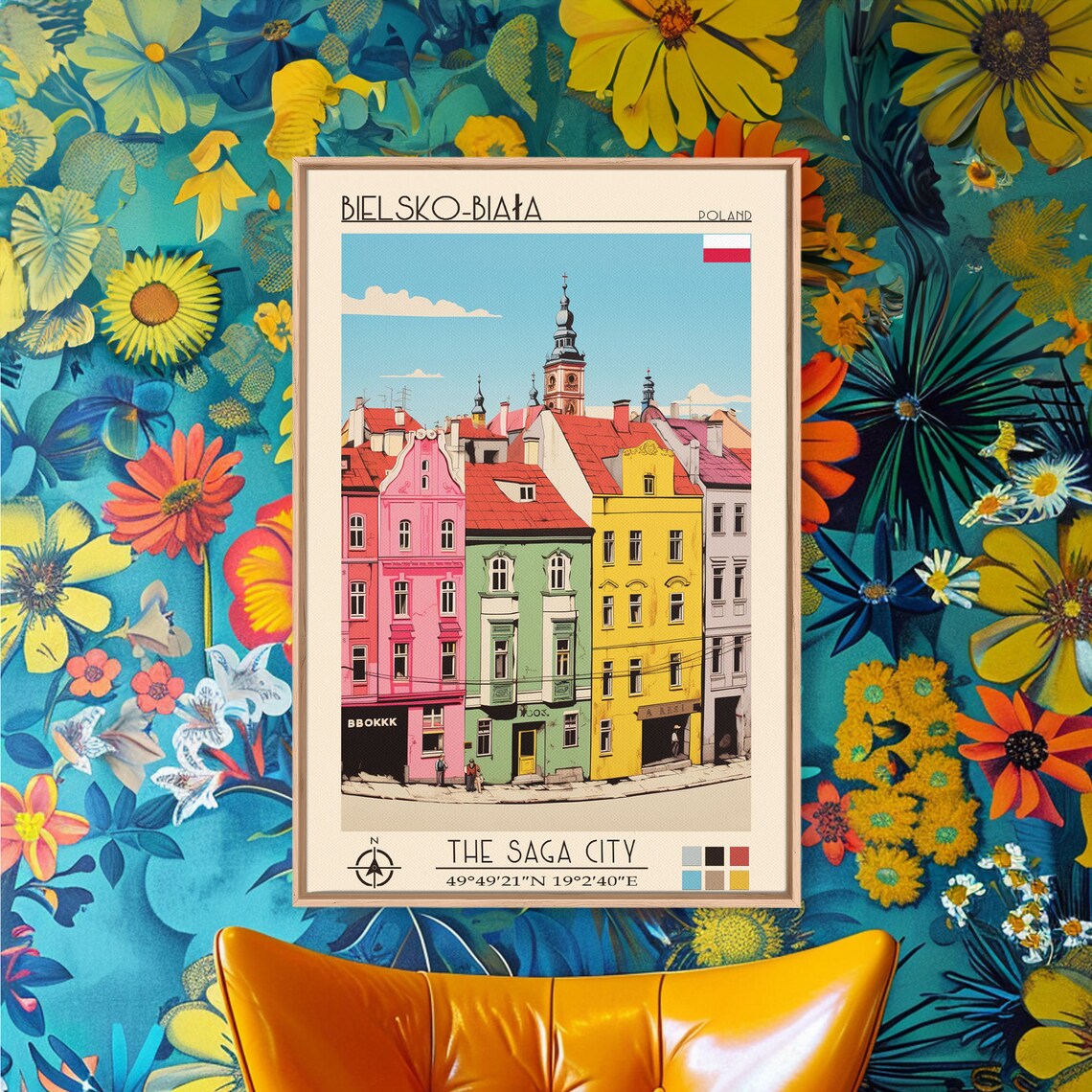 Bielsko-Biala Poland Colorful Old Town Facades Church Tower Poster