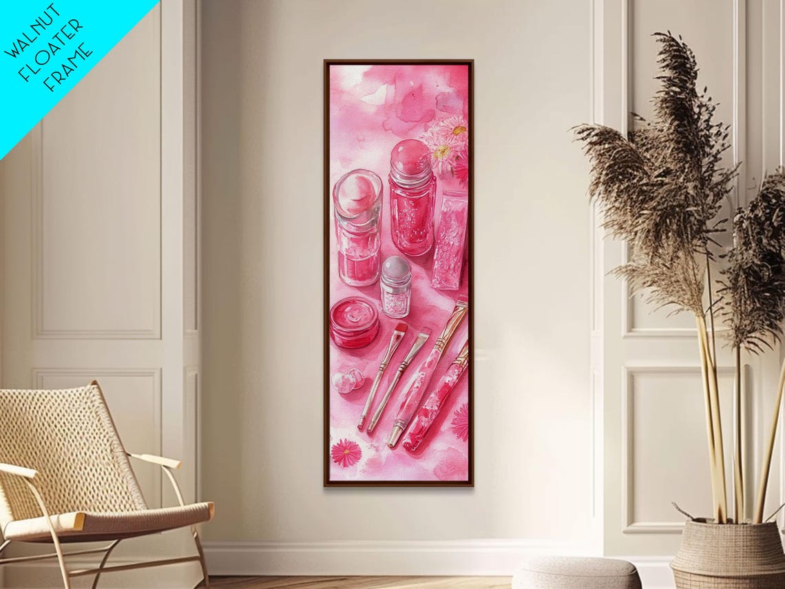 Pink Beauty Essentials Watercolor Makeup Brushes And Bottles Wall Art - Image 2