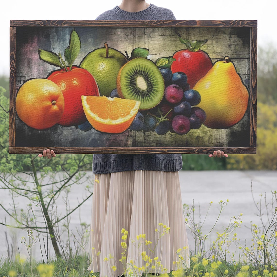 Colorful Fruit Still Life Painting Apples Orange Kiwi Rustic Print - Image 2