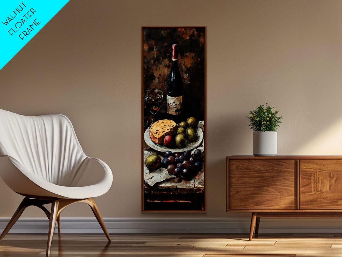 Rustic Wine Bottle Cheese Fruit Still Life Dark Kitchen Art Poster - Image 3