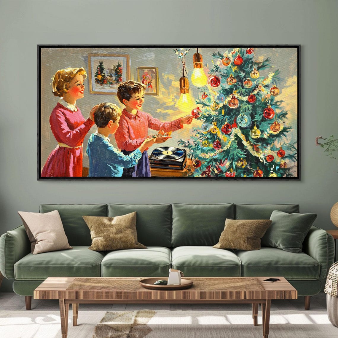 Retro Family Decorating A Bright Christmas Tree Together Art Print - Image 4