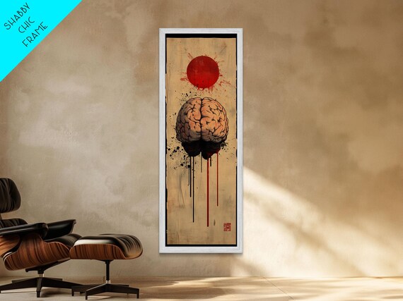 Red Sun Brain Framed Print Abstract Science Wall Art Moody Therapy Artwork Vertical Wabi Sabi Decor Living Room Art