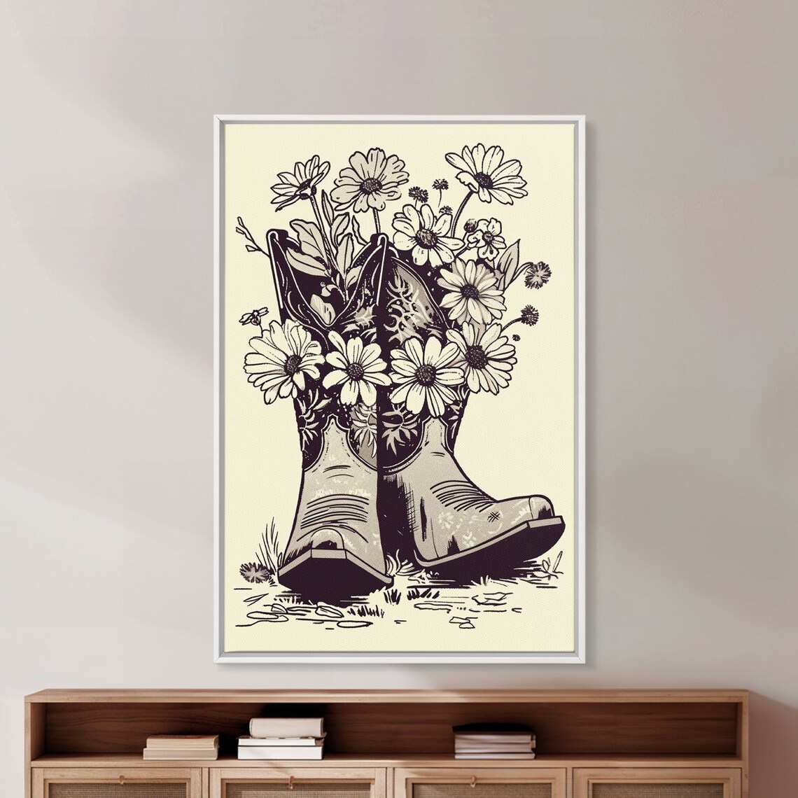 Cowboy Boots With Daisies Vintage Line Art Floral Western Wall Poster
