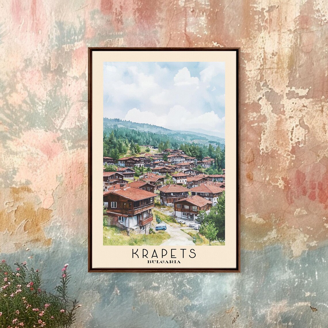 Krapets Bulgaria Red Roof Village Green Hills Watercolor Poster - Image 4