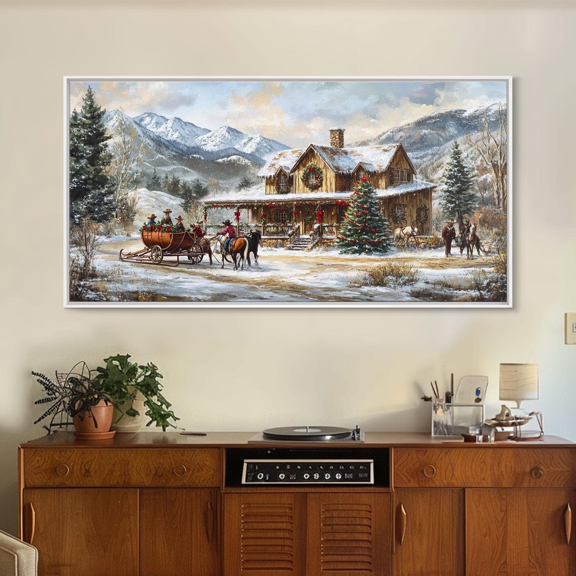 Mountain Lodge Christmas Horse Sleigh Rustic Winter Holiday Print - Image 3