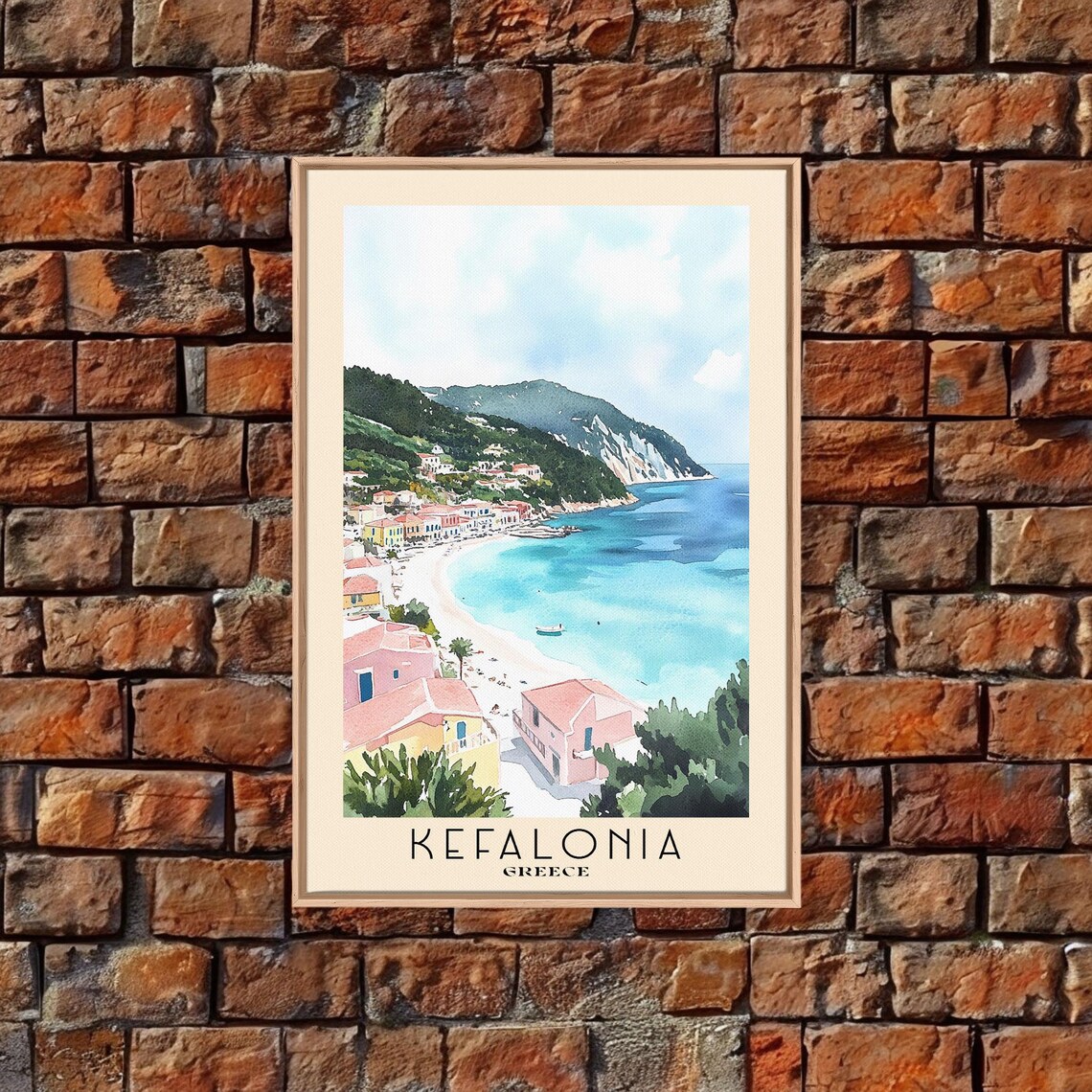 Kefalonia Greece Pastel Village Harbor Turquoise Bay Watercolor Art Poster - Image 5