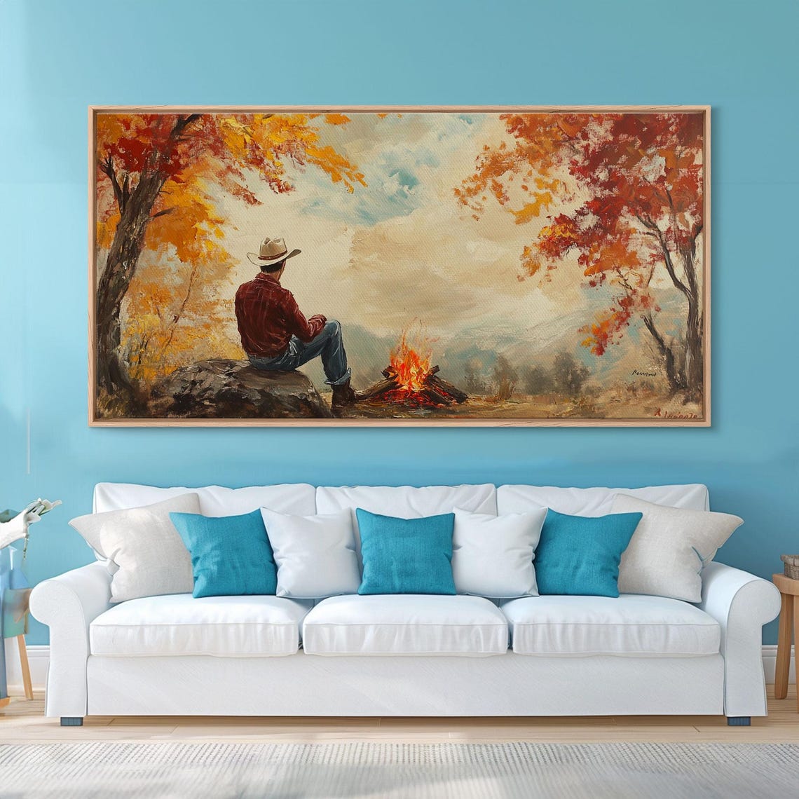 Cowboy Sitting By A Campfire With Autumn Mountains Behind Art Print - Image 5