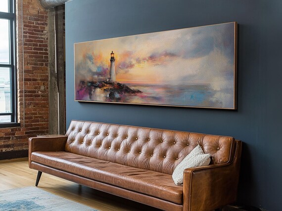 Lighthouse Sunset Panoramic Painting Rocky Coast Pastel Sky Nautical Scene Poster