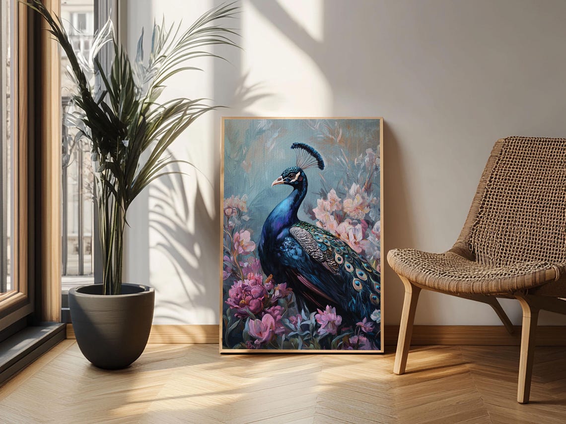 Peacock Pink Blossoms Botanical Bird Chinoiserie Elegant Floral Poster - Image 2
