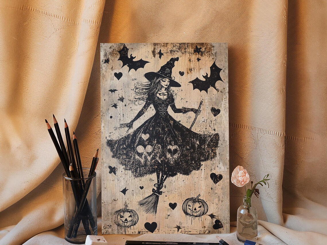 Witch Flying Broomstick Bats Vintage Silhouette Halloween Gothic Wall Art Poster - Image 3