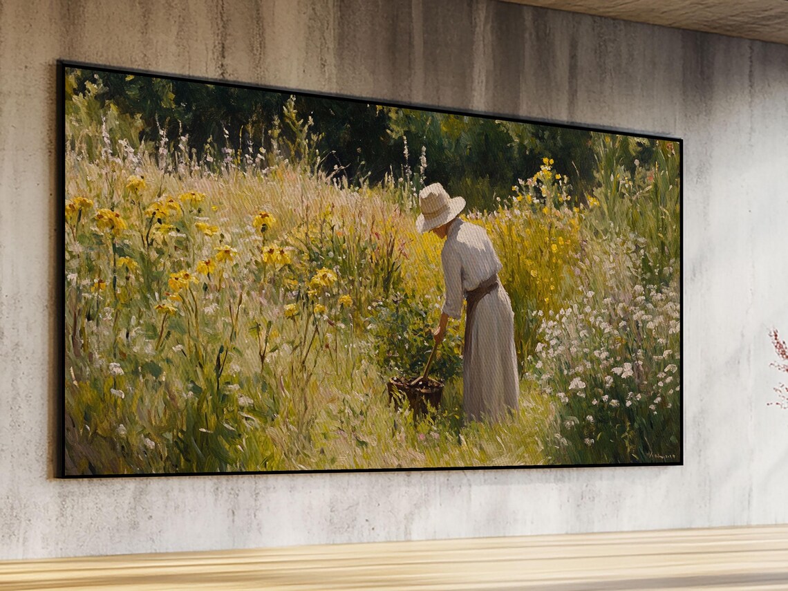 Victorian Woman Picking Wildflowers Sunlit Garden Oil Painting Print - Image 4
