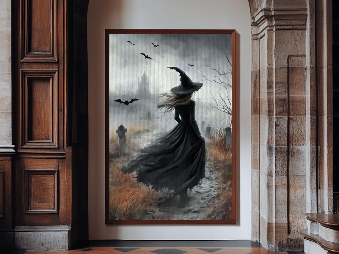 Witch In Foggy Graveyard Bats Gothic Tombstone Dark Halloween Art Poster - Image 6