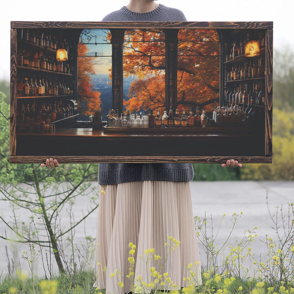 Cozy Vintage Bar Autumn Window Trees Bottles Oil Painting Print - Image 2